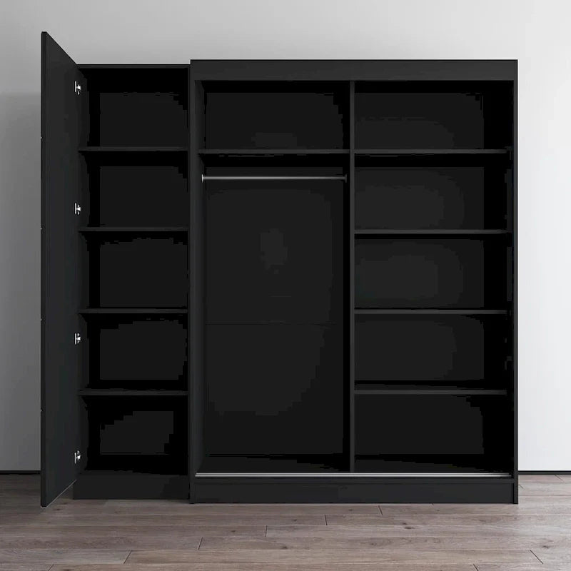 Roupeiro de 2 portas com espelho, frente de vidro, para 2 pessoas (cinzento / preto / branco)