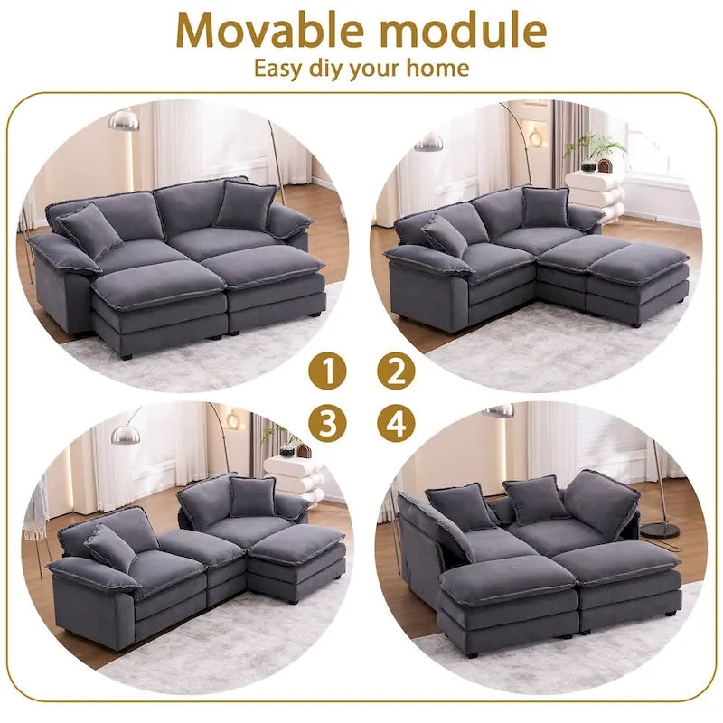 Zweisitzer-Sofa mit 2 Sitzkissen, 2 Kissen und 2 Hockern, bequemes Sofa – tiefes Wohnzimmer-Sofa, modulares Sofa