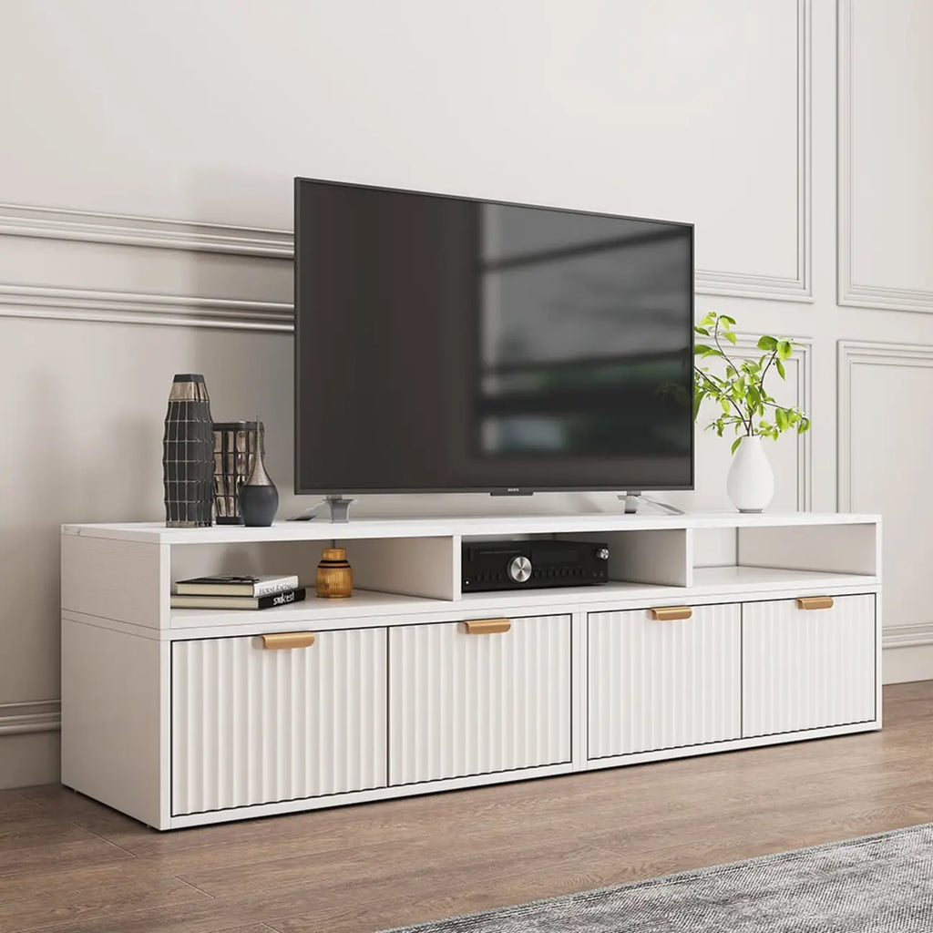 Mobile TV angolare moderno bianco con 2 cassetti e vani portaoggetti aperti