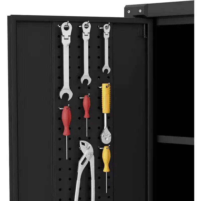 Armoire de rangement de garage à roulettes avec panneau perforé, armoire métallique verrouillable de 72 pouces de hauteur avec 2 portes et 4 étagères réglables pour atelier de garage