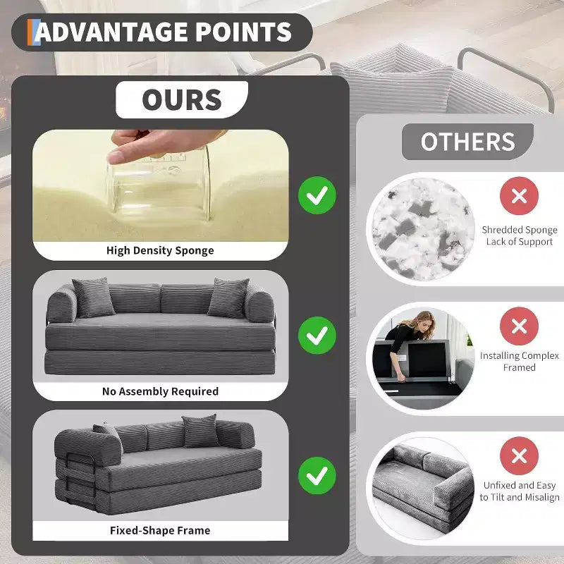 2-in-1 slaapbank, comfortabele opklapbare corduroy-slaapbank met diepe zitting en brede armleuningen, bank zonder frame voor woonkamer en appartementen