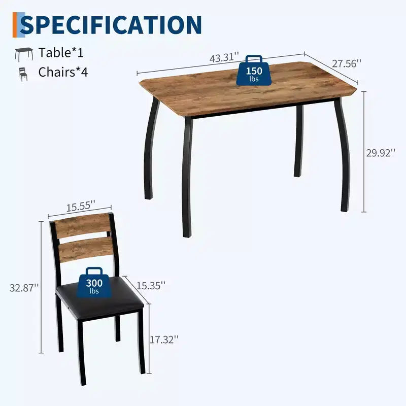 Ensemble table et chaises de cuisine à structure métallique en 5 pièces, avec design chanfreiné