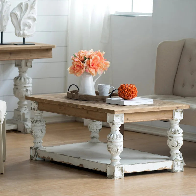Rechthoekige antiek witgewassen houten koffietafel