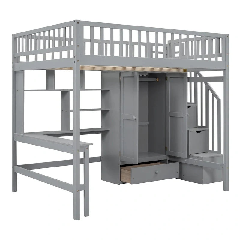 Lit mezzanine double en pin avec bureau et rangement