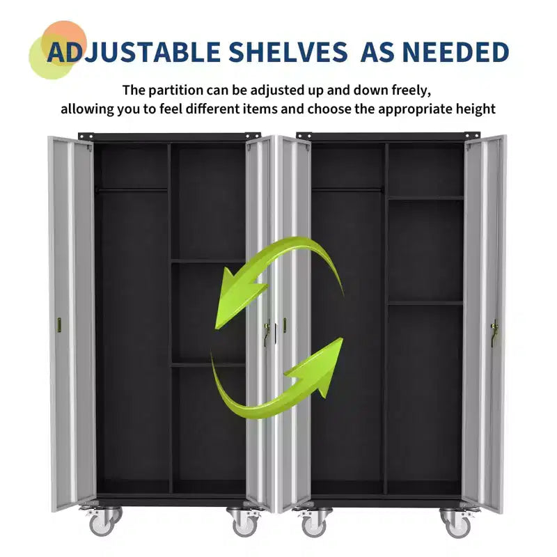 Armoire de rangement de garage à roulettes avec panneau perforé, armoire métallique verrouillable de 72 pouces de hauteur avec 2 portes et 4 étagères réglables pour atelier de garage