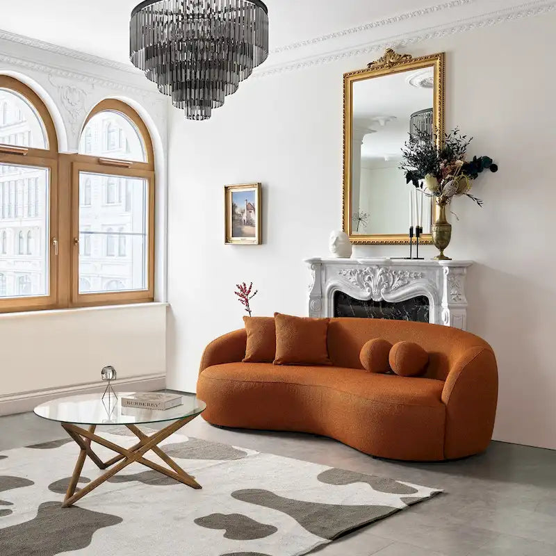 Sofá curvo Blaine de estilo Japandi, moderno e luxuoso, em tecido bouclé