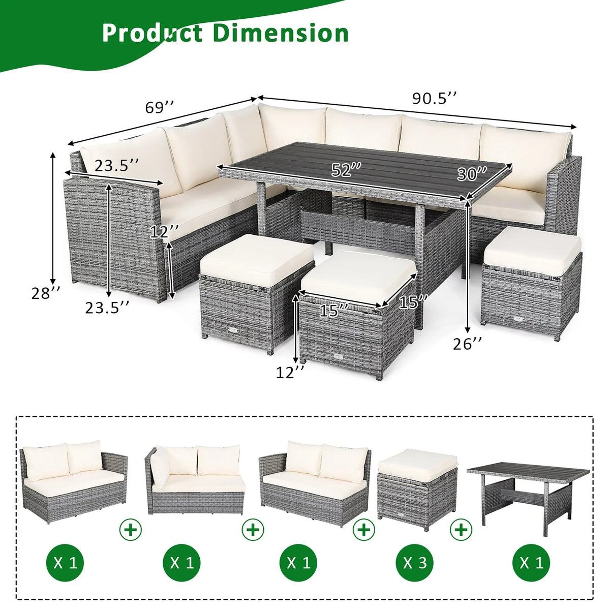 Costway 7-teiliges Dining-Set aus Polyrattan für die Terrasse mit Ecksofa, Couch und Hocker – Details anzeigen