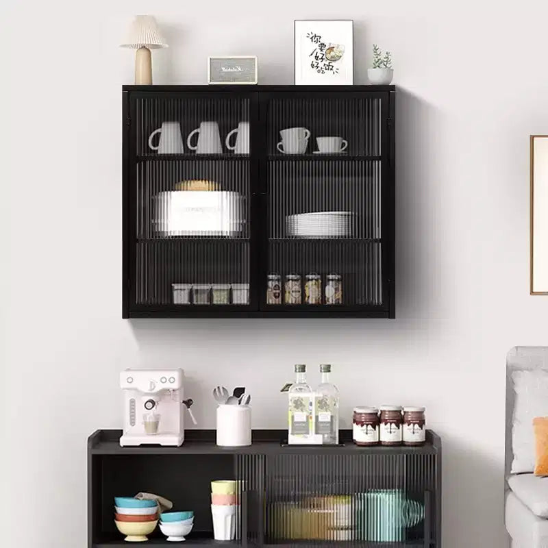 Meuble mural moderne Okak à 2 portes avec rangement à 3 niveaux et portes vitrées, pour entrée/salle à manger/salon/cuisine