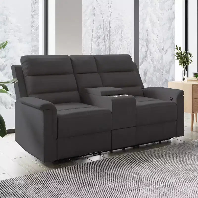 Beige-graues Relaxsofa aus Tech-Gewebe, 2-Sitzer, mit verstellbarer Rückenlehne und Fußstütze