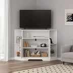 Meuble TV d’angle pour téléviseurs jusqu’à 55 pouces, console multimédia de style ferme avec porte de grange, étagères ouvertes et placard de rangement, blanc