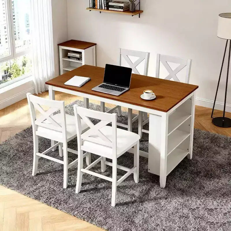 Conjunto Homy Casa de mesa de jantar e cadeiras de 5 peças, de altura de balcão, com prateleiras de arrumação, branco e nogueira, estilo quinta moderna
