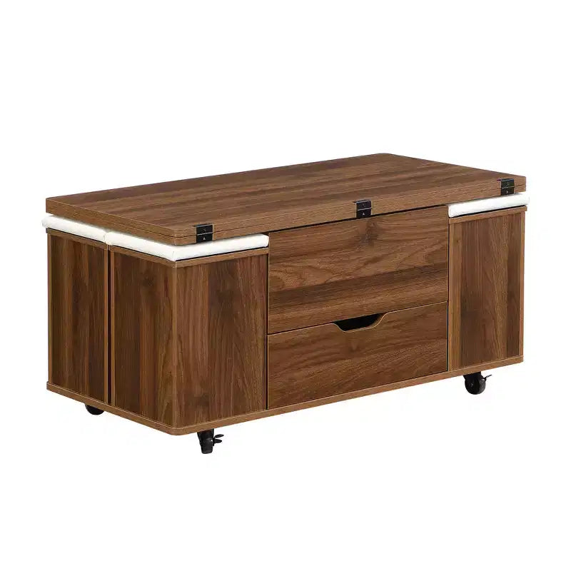 Mesa de centro moderna multifunções com tampo elevável, arrumação oculta, 4 bancos e rodízios, perfeita para espaços de estar modernos
