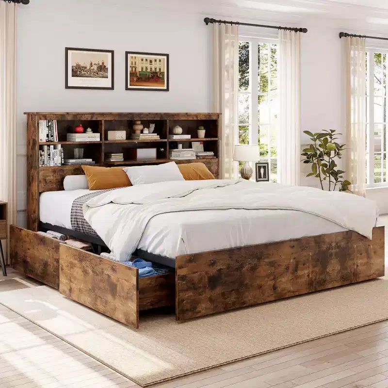 Cadre de lit 2 places avec tête de lit de rangement, cadre de lit en bois avec 4 tiroirs, bibliothèque de rangement et lit plateforme king size avec solide support métallique