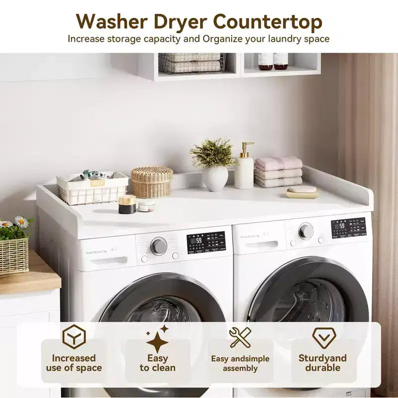 Plan de travail pour lave-linge et sèche-linge, plateau de buanderie avec rebord surélevé et tapis antidérapant pour panier à linge, rangement et organisation de la buanderie