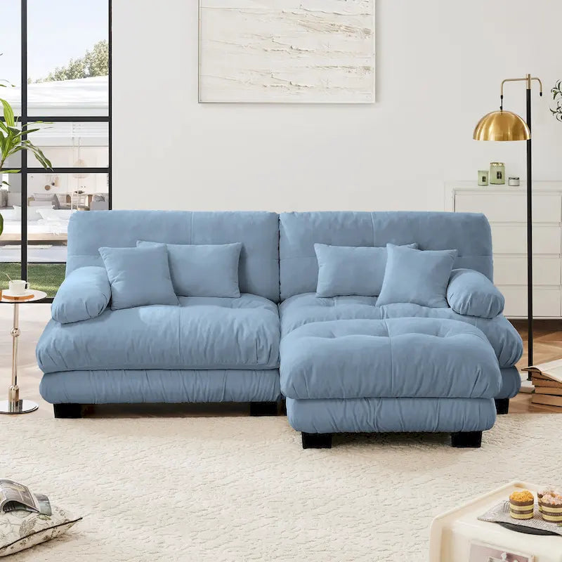 Sofá de dois lugares em forma de L, sofá modular em chenille com almofadas lombares