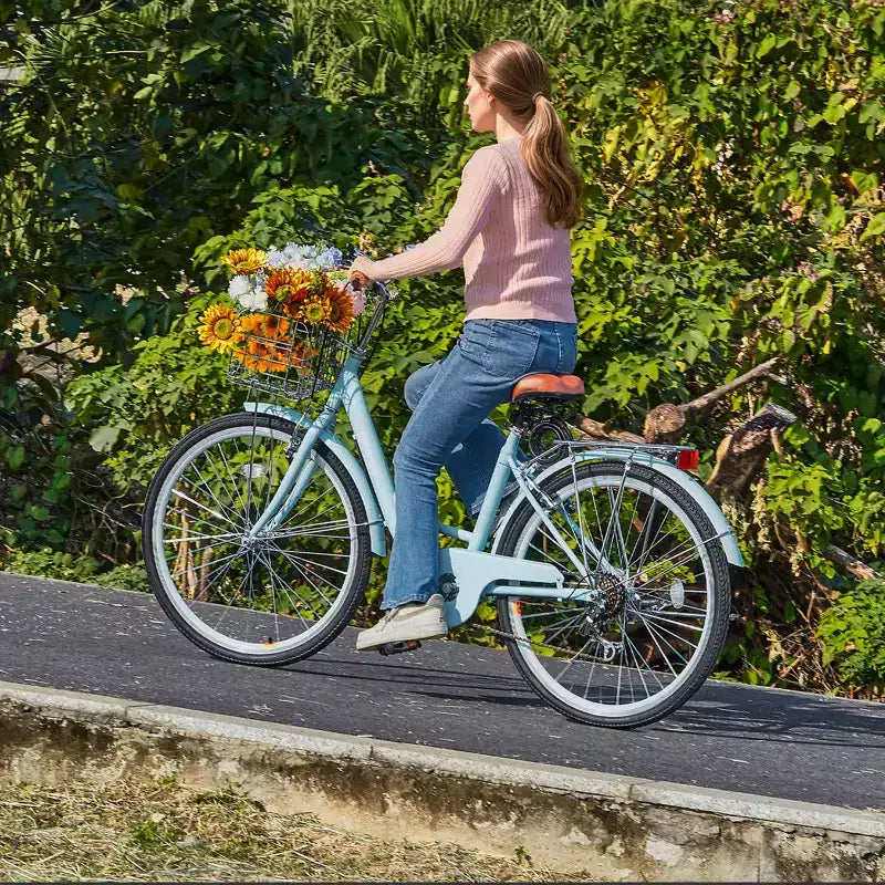 VEVOR plážové kolo, 7rychlostní, 26palcové světle modré kolo s velkokapacitním košíkem a zadním nosičem, bezpečné a robustní kolo, světle modrá