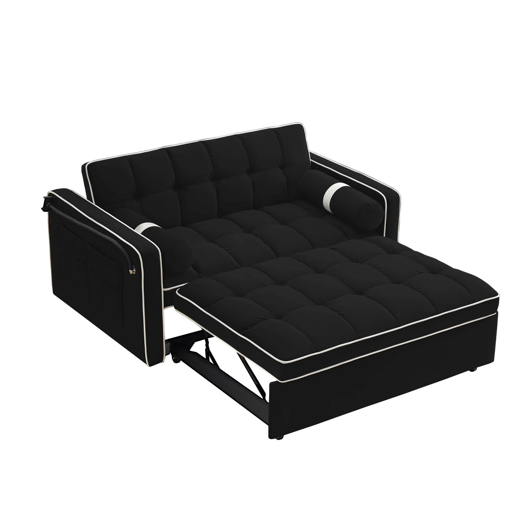 Sofá-Cama Convertível de Veludo para 2 Pessoas, com 55', Cama Extensível, Encosto Reclinável Ajustável, Bolsos Laterais e Suporte para Telemóvel