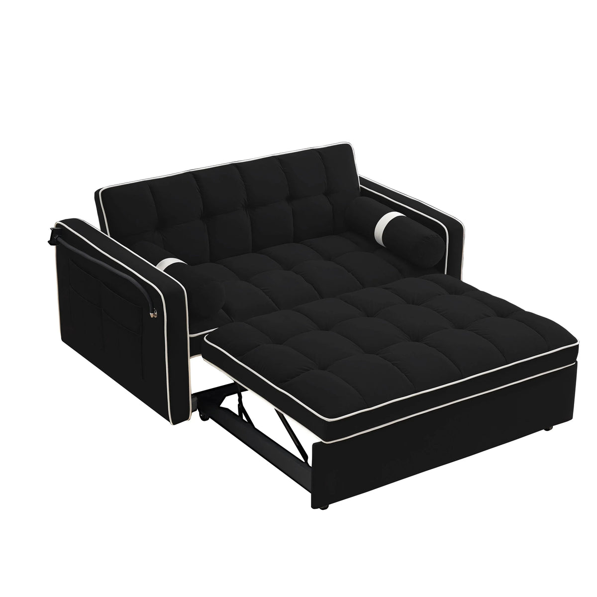 Sofá-Cama Convertível de Veludo para 2 Pessoas, com 55', Cama Extensível, Encosto Reclinável Ajustável, Bolsos Laterais e Suporte para Telemóvel