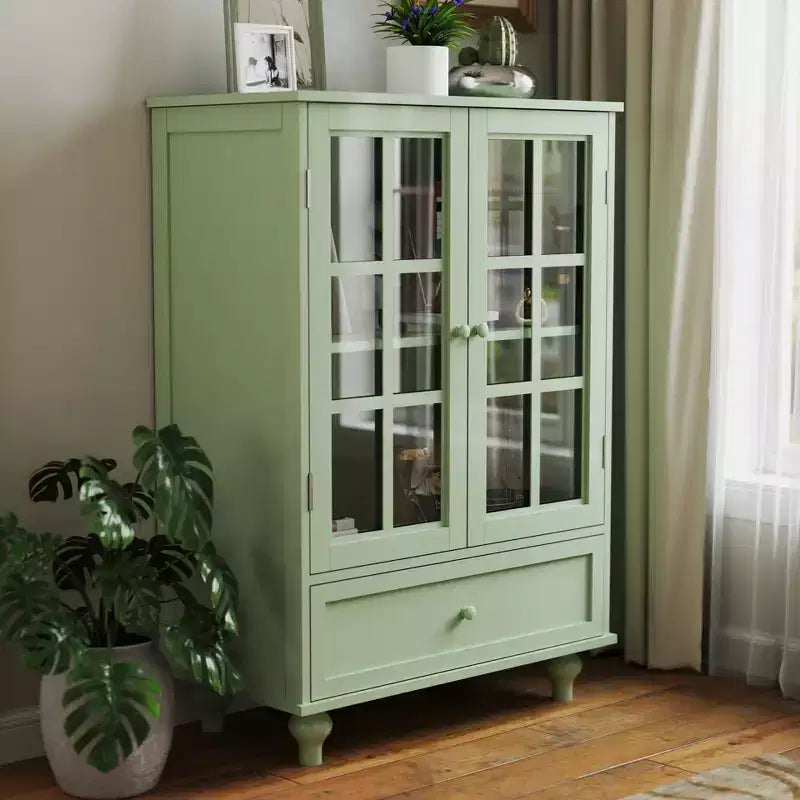 Aufbewahrungsschränke, hölzerner Unterschrank mit 1 Schublade und 2 Glastüren, Sideboard im Landhausstil mit Stauraum für Wohnzimmer