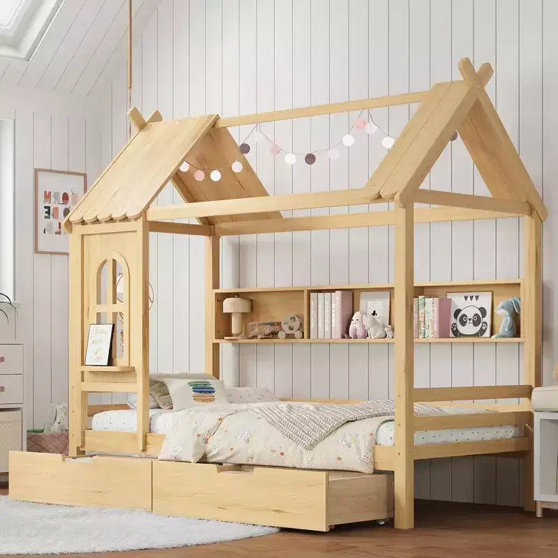 Lit plateforme en forme de maison avec tiroirs de rangement et fenêtre, cadre en bois massif avec étagères, design ludique pour enfant, blanc clair