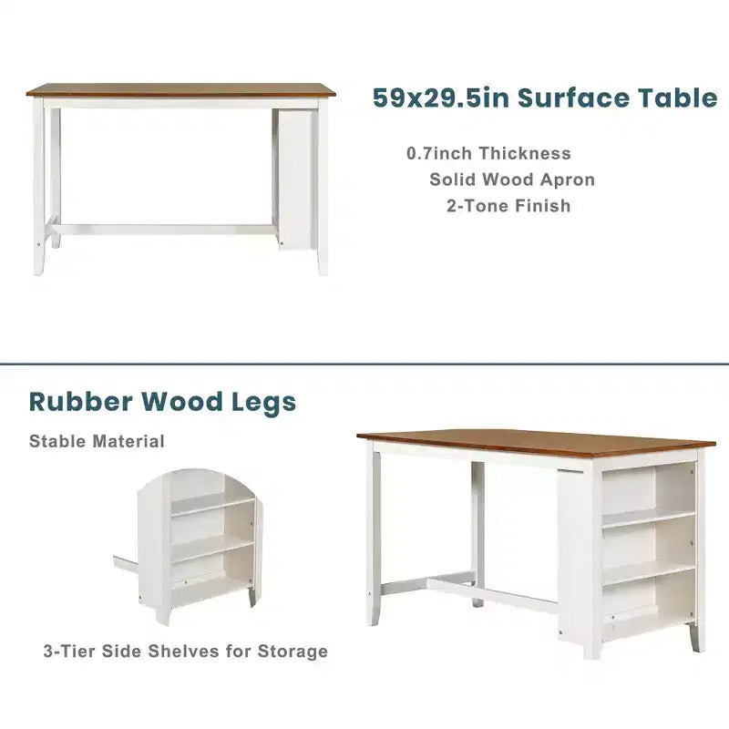 Conjunto Homy Casa de mesa de jantar e cadeiras de 5 peças, de altura de balcão, com prateleiras de arrumação, branco e nogueira, estilo quinta moderna