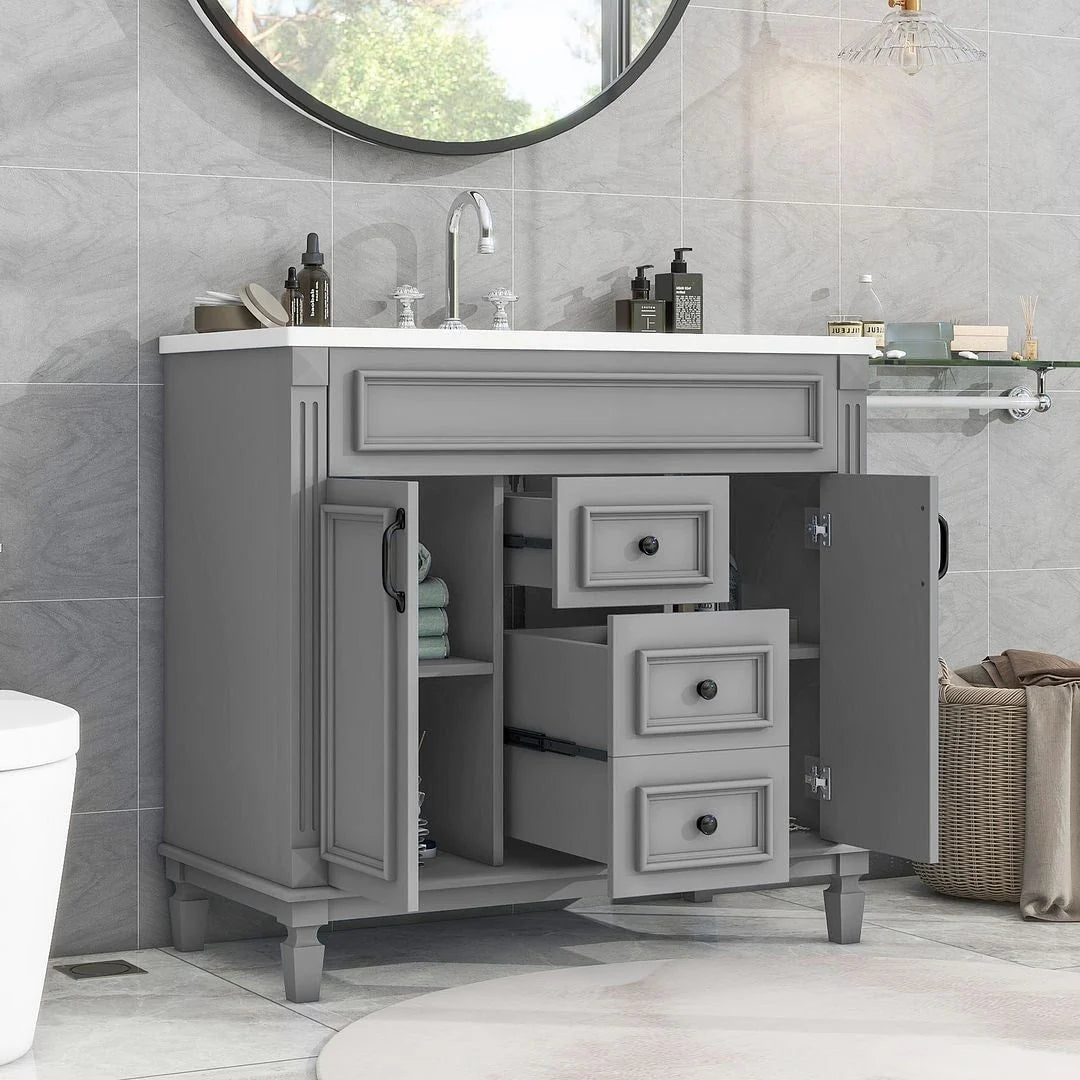36-Zoll moderner Waschtischunterschrank mit Aufsatzwaschbecken und Spiegelschrank, 2 Türen und 2 Schubladen