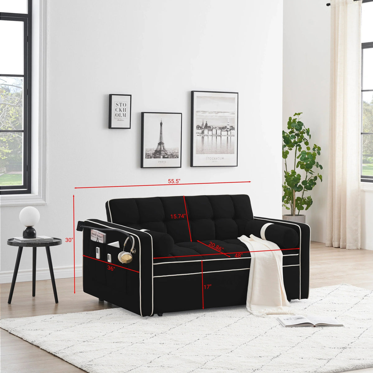 Sofá-Cama Convertível de Veludo para 2 Pessoas, com 55', Cama Extensível, Encosto Reclinável Ajustável, Bolsos Laterais e Suporte para Telemóvel