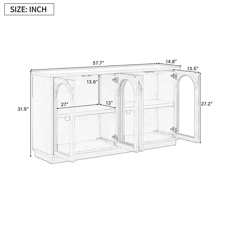Großes Buffet-Sideboard mit 4 Türen und Glastüren, gewölbter Schrank mit verstellbaren Einlegeböden für die Küche