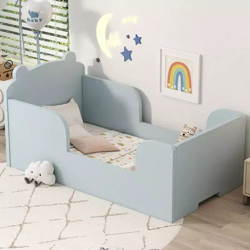 Lit au sol en forme d’ours Okak pour enfants de 3 à 6 ans, cadre de lit pour tout-petit avec barrière de sécurité, joli lit pour enfants en forme d’animal