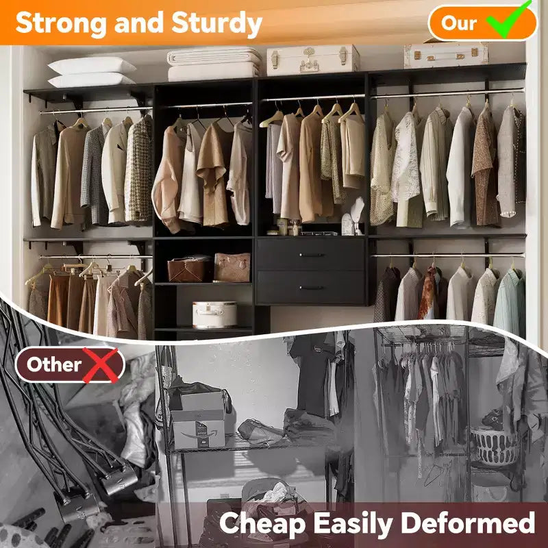 Wolnostojący system garderobiany z 8 drążkami na ubrania i szufladami, organizer do garderoby z 10 półkami