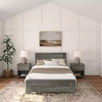 Estrutura de cama de tamanho casal Plank+Beam estilo quinta, com cabeceira, cama de plataforma em madeira maciça
