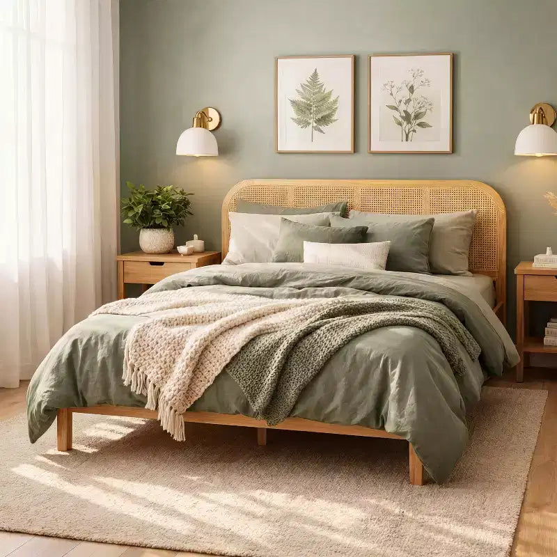 Cadre de lit plateforme en bois de style bohème moderne Christopher Knight Home Callahan avec tête de lit en rotin