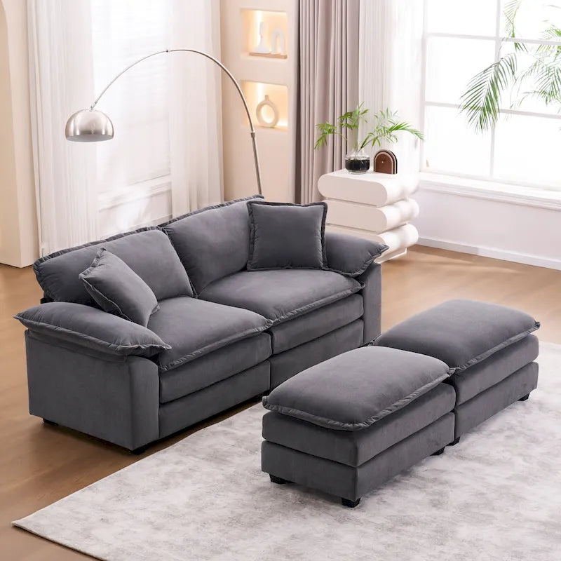 Zweisitzer-Sofa mit 2 Sitzkissen, 2 Kissen und 2 Hockern, bequemes Sofa – tiefes Wohnzimmer-Sofa, modulares Sofa