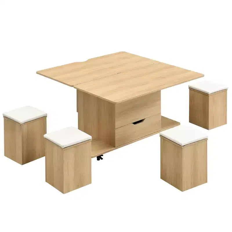 Mesa de centro moderna multifunções com tampo elevável, arrumação oculta, 4 bancos e rodízios, perfeita para espaços de estar modernos
