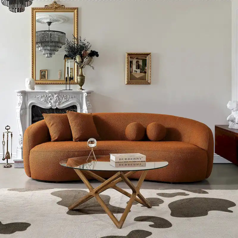 Sofá curvo Blaine de estilo Japandi, moderno e luxuoso, em tecido bouclé