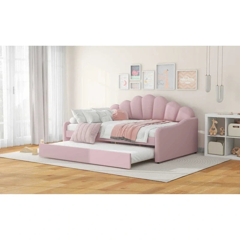 Divã estofado de tamanho Full com encosto em concha e cama extra