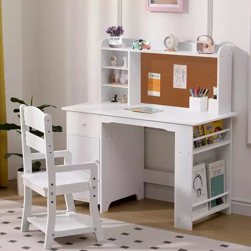 Kinderschreibtisch mit Stuhl-Set für Jungen und Mädchen, hölzerner Kinderschreibtisch mit Bücherregal, Pinnwand, Schrank und Schublade für Kinder von 3–8 Jahren