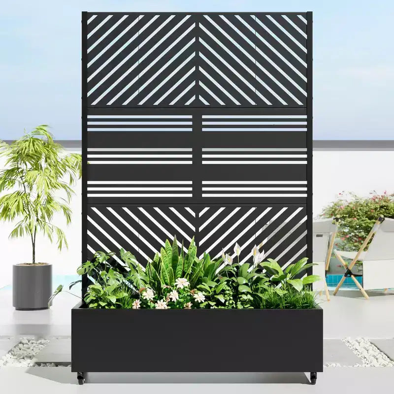 MAYEERTY truhlík s mříží, železo, černý, paralelní linie 01, lamelový klasický kombinovaný styl, 72x47x16in, sada 3 kusů