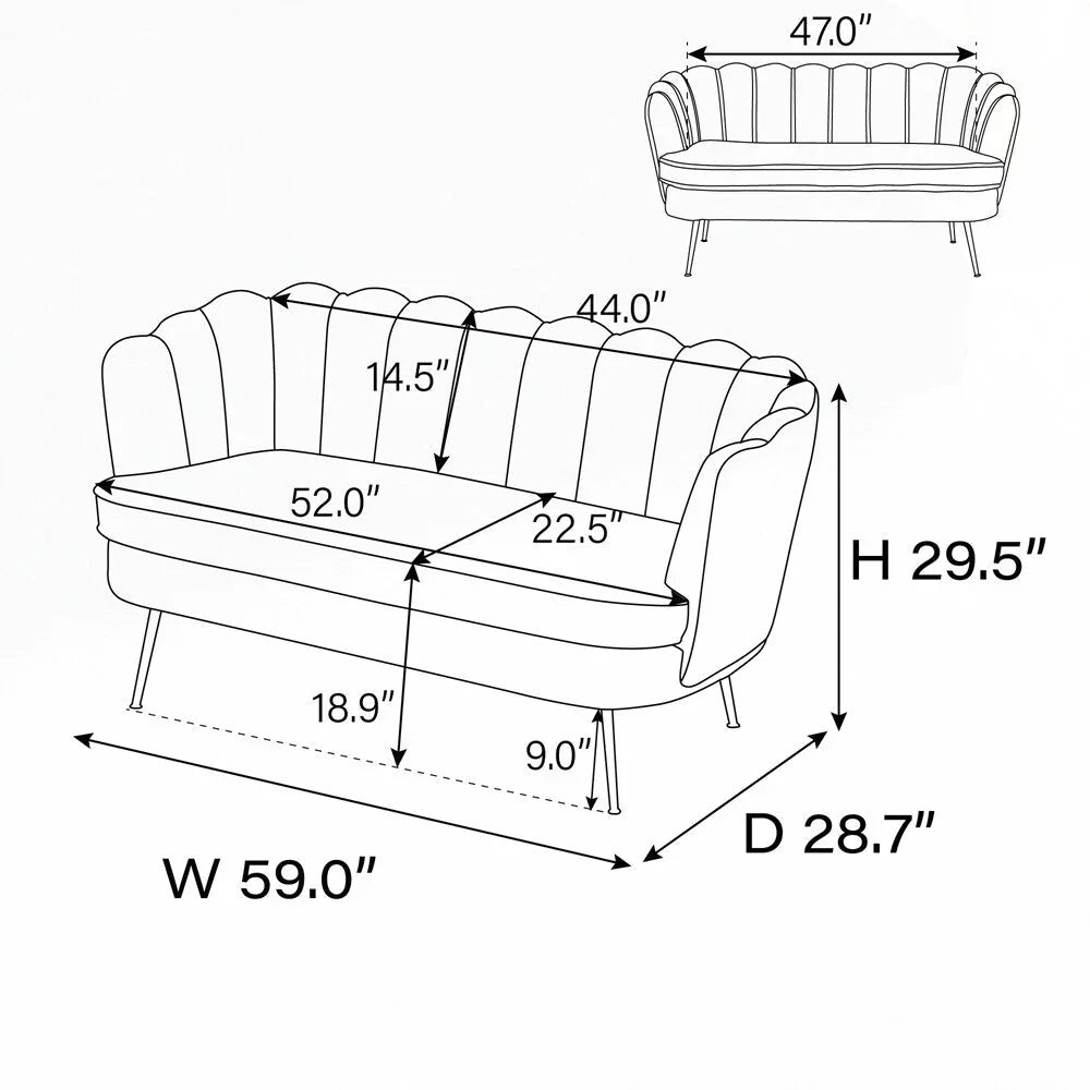 Kleines Mini-Sofa für zwei Personen mit goldenem Metallbein – 2 Sitzplätze