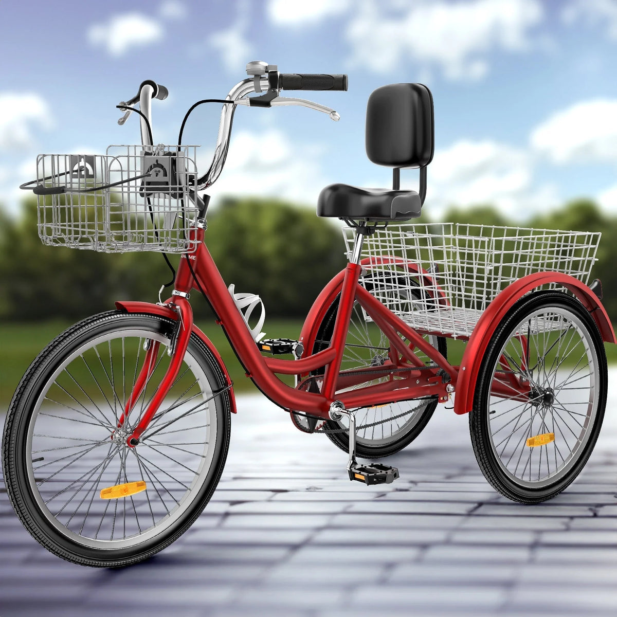 Tricycle pour adulte bleu de 26 po, vélo à 3 roues avec paniers amovibles
