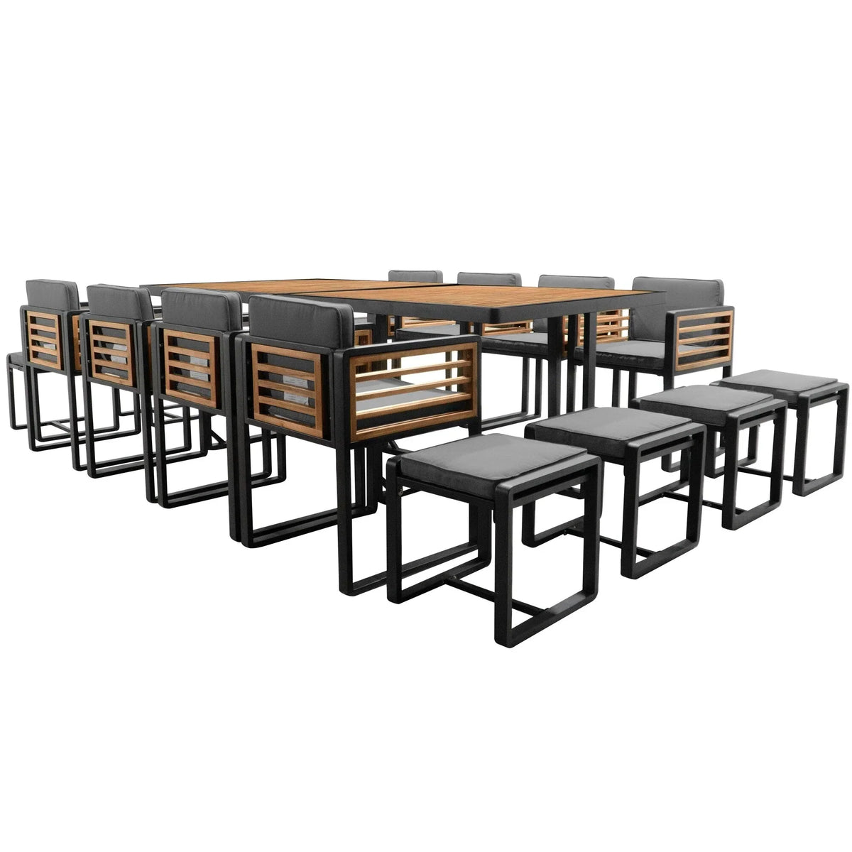 Set da pranzo da esterno in legno di acacia da 18 pezzi, 8 sedie imbottite, 8 pouf e 2 tavoli quadrati