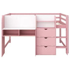 Letto rialzato basso rosa/bianco con scrivania, spazio contenitore e lavagna bianca -C singolo, 1 persona
