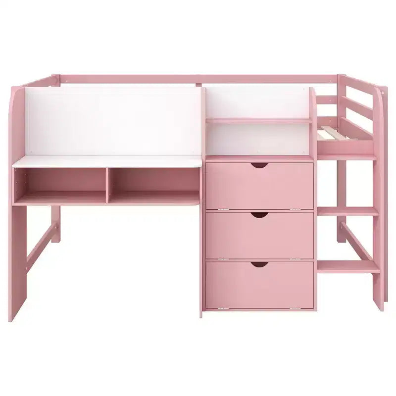 Letto rialzato basso rosa/bianco con scrivania, spazio contenitore e lavagna bianca -C singolo, 1 persona