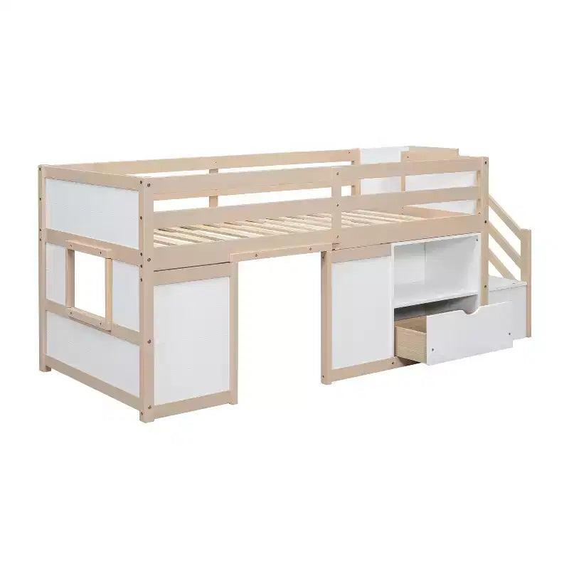 Letto rialzato basso singolo in legno massello da 94,6 L x 42,3 L, con scala, cassetto e ripiano, design moderno e pulito