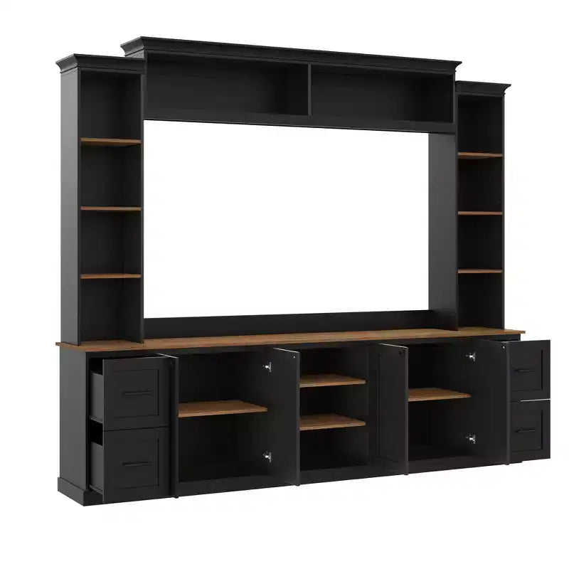 Ensemble mural de centre multimédia de style ferme 4-en-1 ModernLuxe, compatible avec les téléviseurs jusqu'à 70 pouces, meuble TV avec étagères réglables et tiroirs