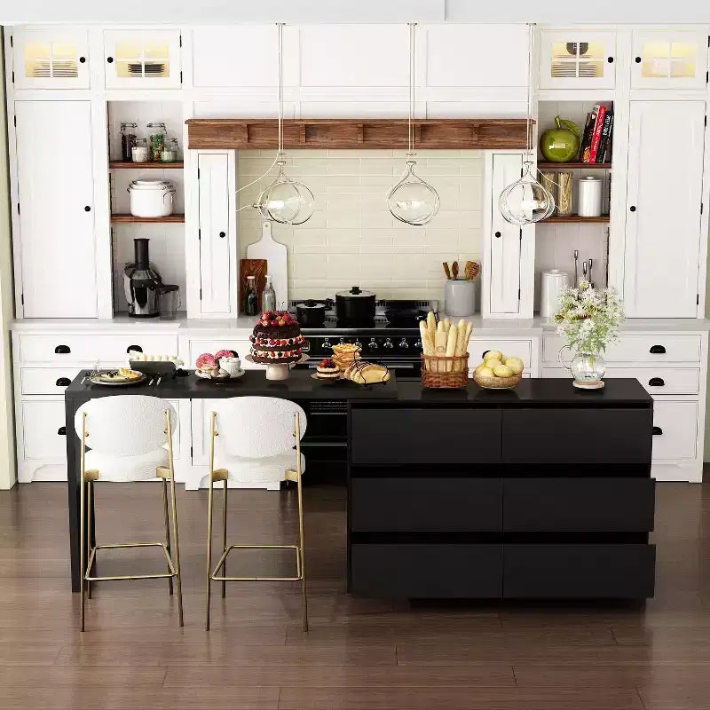 Drehbares/ausziehbares Smart-Buffet-Sideboard mit 6 Schubladen, verlängerter Tischplatte, rutschfester Matte, drehbarem Esstisch und Kücheninsel-Speisekammer