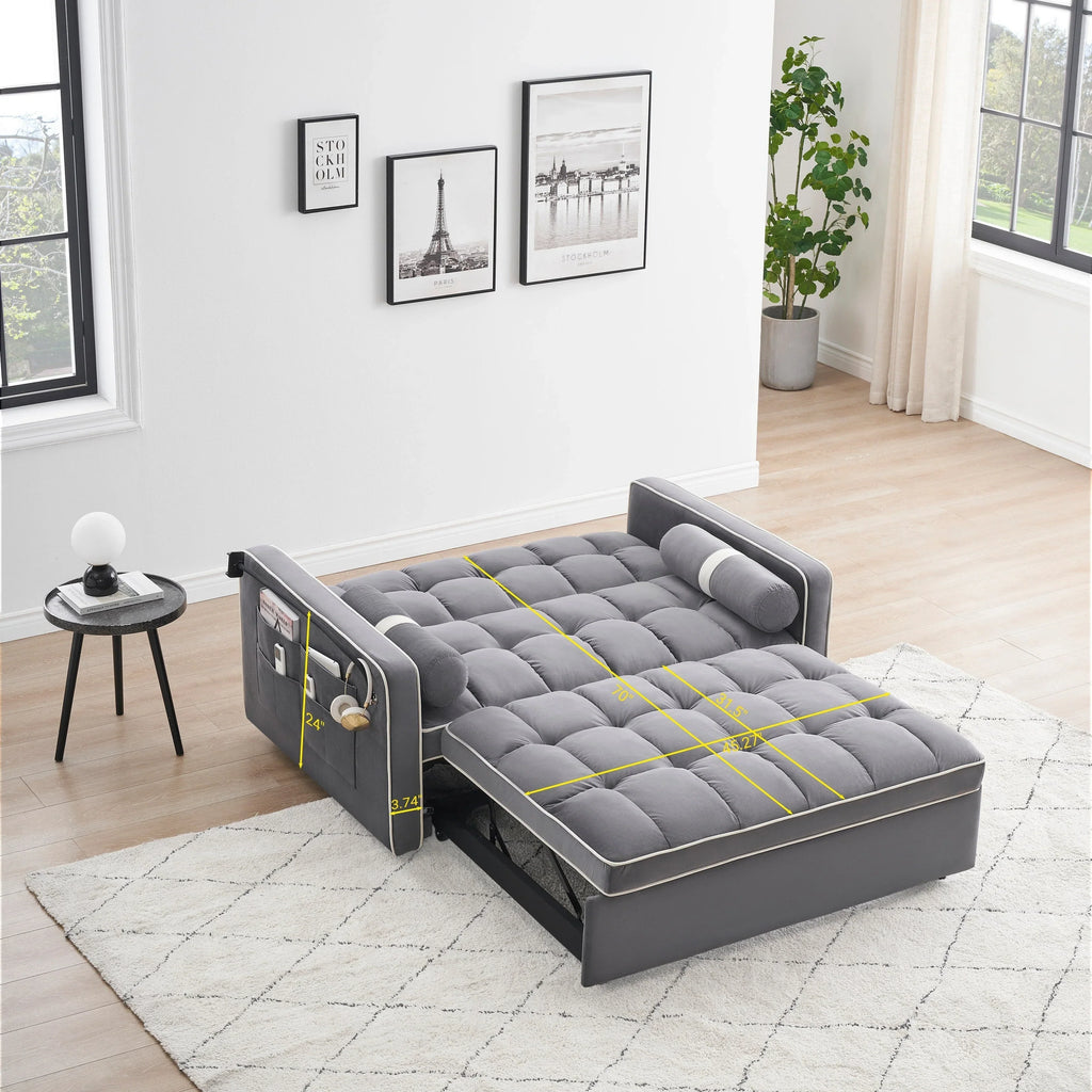 Sofá-Cama Convertível de Veludo para 2 Pessoas, com 55', Cama Extensível, Encosto Reclinável Ajustável, Bolsos Laterais e Suporte para Telemóvel