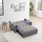 Sofá-Cama Convertível de Veludo para 2 Pessoas, com 55', Cama Extensível, Encosto Reclinável Ajustável, Bolsos Laterais e Suporte para Telemóvel
