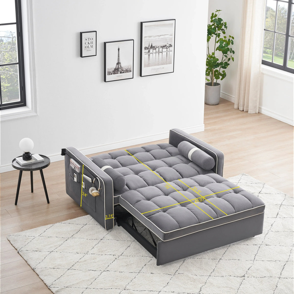 Sofá-Cama Convertível de Veludo para 2 Pessoas, com 55', Cama Extensível, Encosto Reclinável Ajustável, Bolsos Laterais e Suporte para Telemóvel