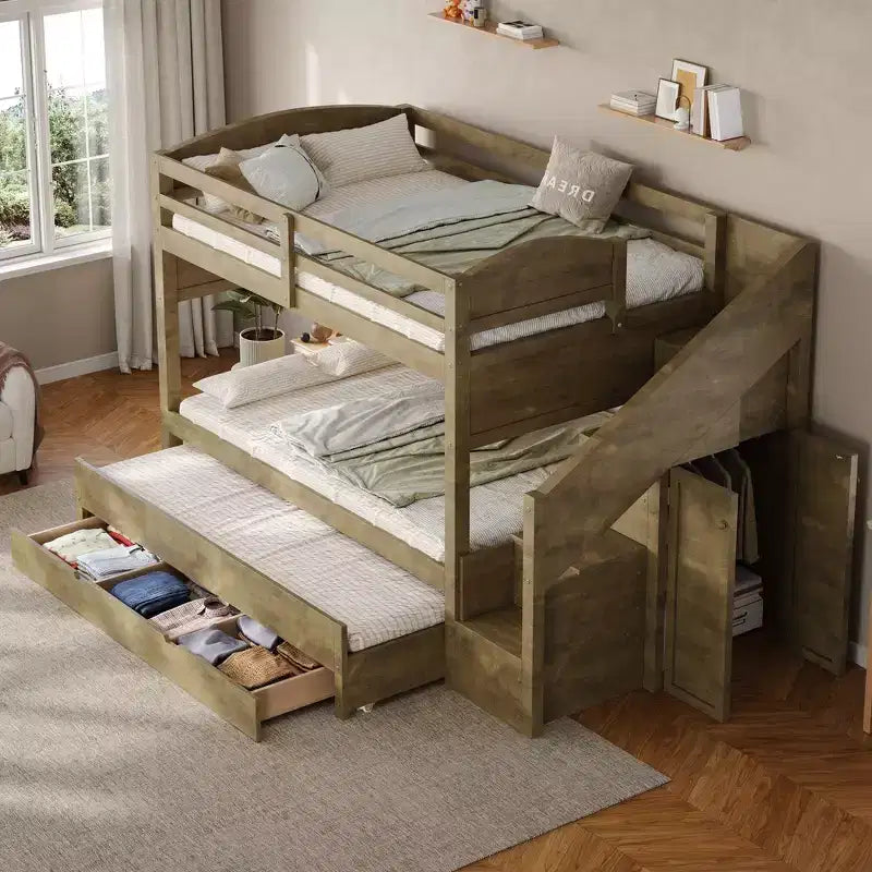 Patrová postel Whisen Twin XL s přistýlkou, úložným prostorem, schodištěm z masivního dřeva s úložným prostorem, šatní skříní a 3 zásuvkami, pro děti